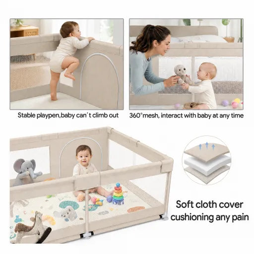 47x47inch Spacious Baby Playpen Playpen for Babies and Toddlers Play Yard for Apartment Indoor Extra Large Baby Activity Center Beige